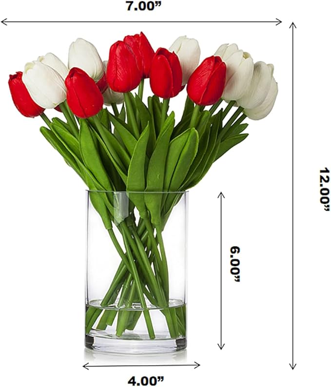 ENOVA FLORAL 20 Heads Real Touch Artificial Tulips Flowers with Vase, Mixed White and Red Tulips Flower Arrangements with Vase for Home Wedding Decor, Dining Table Centerpieces (White Red)
