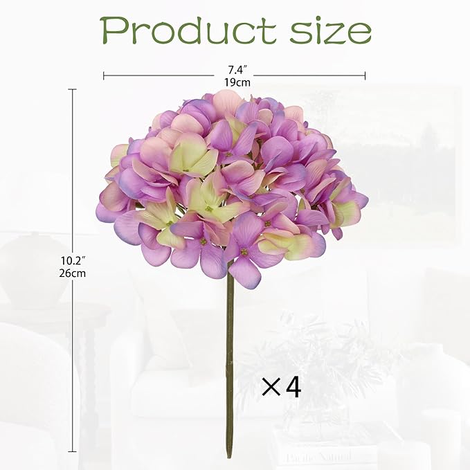 Hollyone Purple Silk Hydrangea Artificial Flowers Heads 7.4inch Large Fake Hydrangea 4Pcs Full Faux Flowers with Stems for Wedding Party Table Centerpieces Flower Arrangement Home Decor