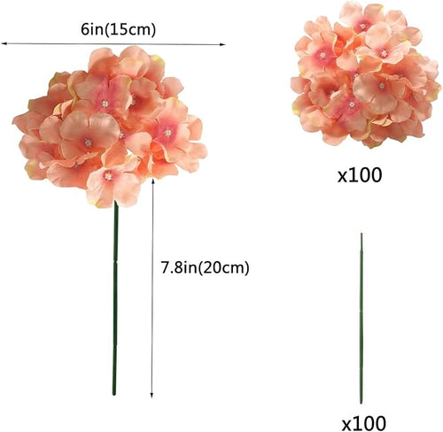 100PCS Artificial Hydrangea Flowers, Fake Flowers Silk Hydrangea Full Flowers Heads with Stems for Wedding Home Party Shop Baby Shower Decor (Rubber Pink)