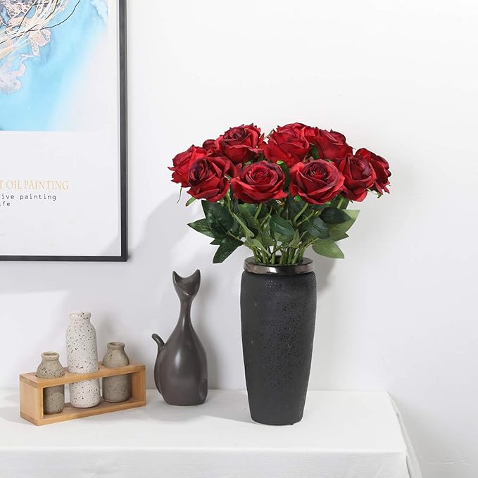 Tifuly Red Roses Artificial Flowers - 12 pcs Realistic Long Stem Fake Roses Faux Silk Flowers for DIY Bouquets Wedding Centerpieces Arrangements Home Party Decor（Burgundy）