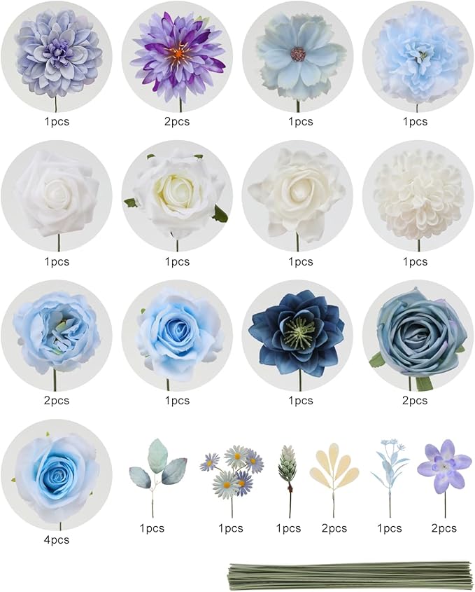 Senseya Artificial Flowers Combo, Blue Purple Silk Roses, Peonies, Dahlias with Stems for DIY Wedding Bouquets, Baby Shower, Table Centerpieces, Home Decor, Fake Floral Arrangements, Party Decorations