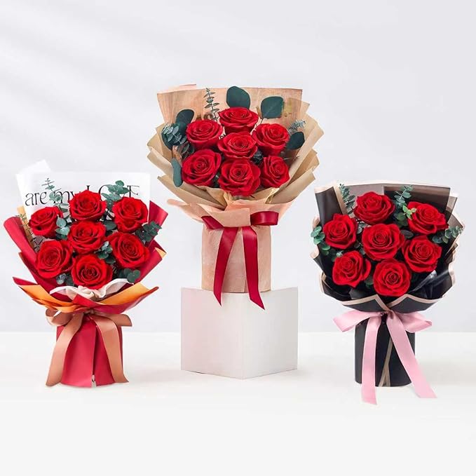 Mosstory Roses Bouquet 7-Piece Forever Flowers Bouquet Gift for Her Women Wife Mothers Anniversary Birthday Wedding (Red Roses)