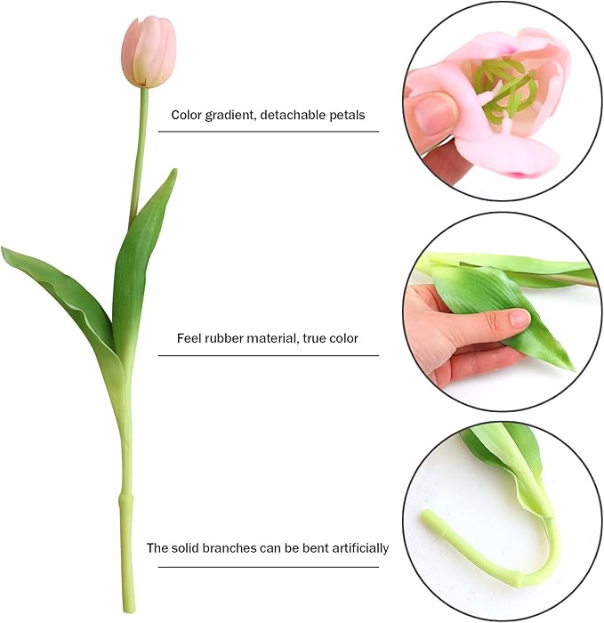 Artificial Pink Tulips, 10pcs Real Touch Faux Latex Tulips, 15.3" Stems, Wrinkle Resistant, Perfect for Home, Parties, Weddings