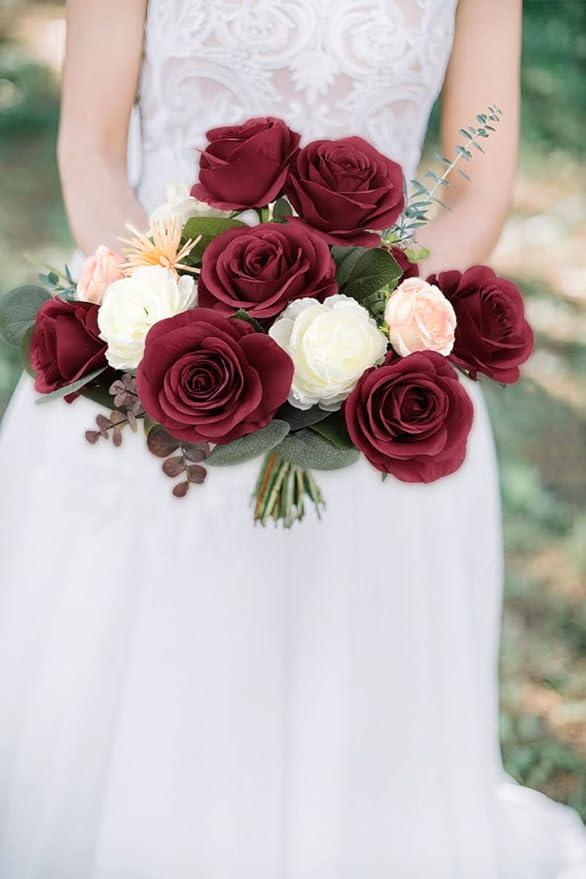 12pcs Roses Artificial Flowers Fake Flowers with Long Stems Burgundy Silk Flowers for Wedding Bouquet Centerpices Decorations Party Bridal Baby Shower Home Decor