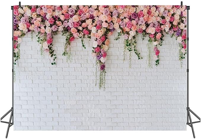 7x5ft White Brick Wall Floral Backdrop with Hanging Flowers – Spring Garden Photo Backdrop for Bridal Shower, Baby Shower, Birthday Party, Wedding Photography Decoration 134