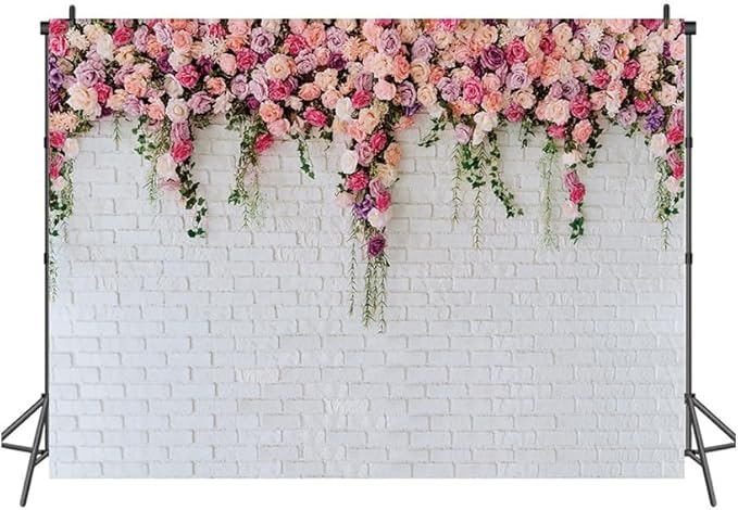 LTLYH 8x6ft Vinyl White Brick Wall Flowers Backdrop Mother's Day Wedding Bridal Baby Shower Birthday Party Decor Banner Background Photo Prop 134