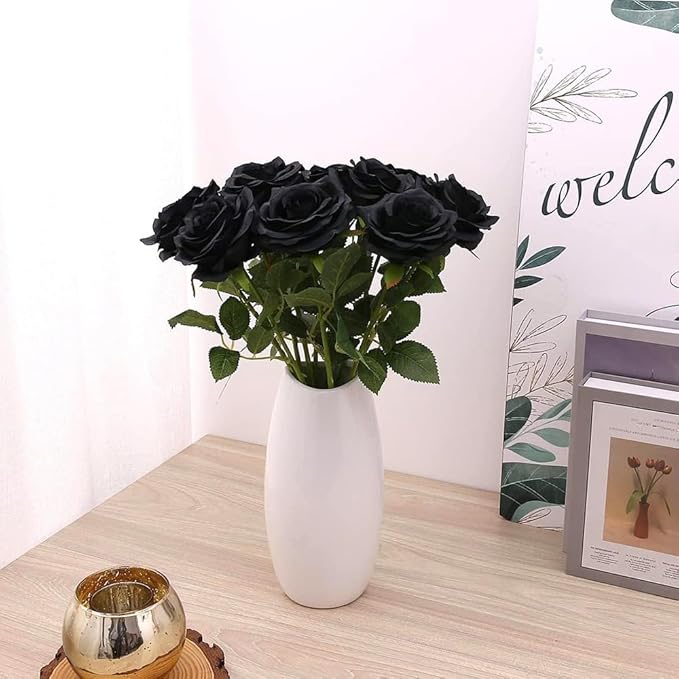 Jasion 12PCS Artificial Roses Realistic Velvet Silk Flowers Long Stem Faux Flowers Bouquet for Wedding Home Party Table Centerpieces Decorations (Black)