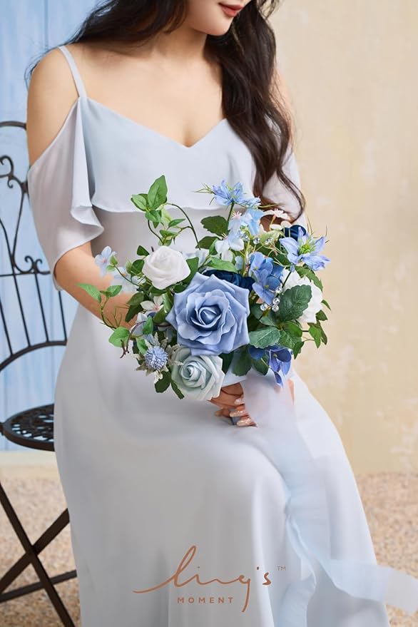 Ling's moment Artificial Flowers Dusty Blue Bridesmaid Bouquet Set of 4, Blue & Ivory Wedding Flowers Bouquets for Bridesmaids, 7 Inch Bridal Bouquets for Bridesmaids, Wedding, etc