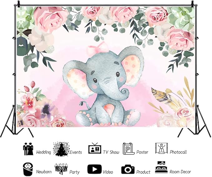 AOFOTO 7x5ft Pink Flowers Elephant Baby Shower Backdrop for Girl Sweet Floral Gender Reveal Background for Photography Kids Infant Birthday Party Banner Cake Table Decoration Vinyl Photo Studio Props
