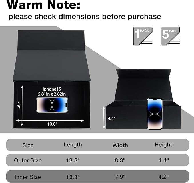 Black Gift Box with Magnetic Lids 13.8x8.3x4.4 in, Large Bridesmaid Groomsman Proposal Boxes, Rectangle Storage Box 5 Pack