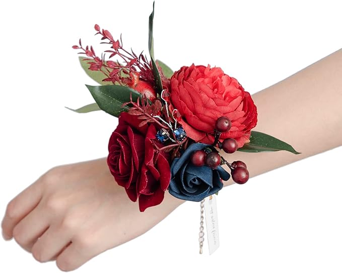 Ling's moment 6pcs Wedding Wrist Corsage Artificial Flowers, Girl/Mother Homecoming Prom Corsages Wristlet Décor, etc. Burgundy and Navy Blue