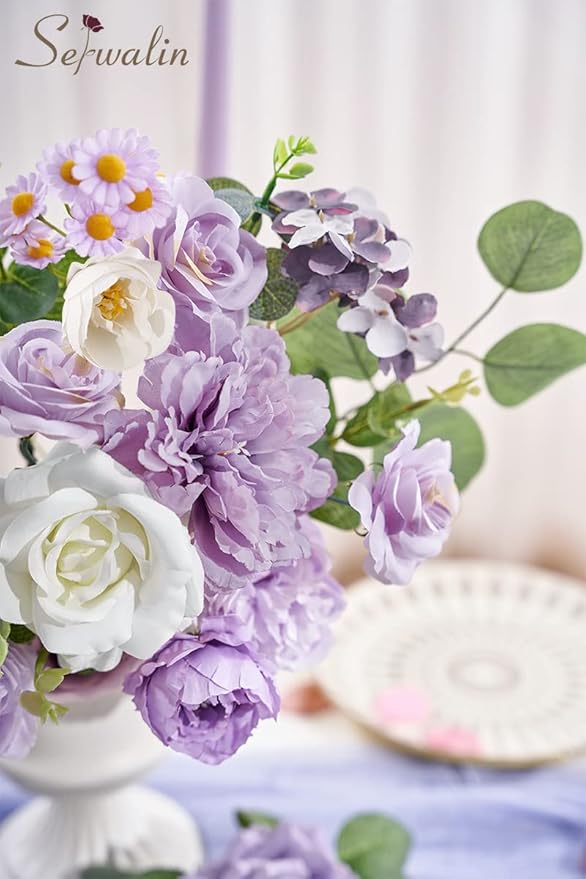 Serwalin Artificial Flowers Silk Flowers Wedding Cake Flowers Purple Fake Flowers Box Set for DIY Wedding Bouquets Table Centerpieces Arrangements Baby Shower Home Decor