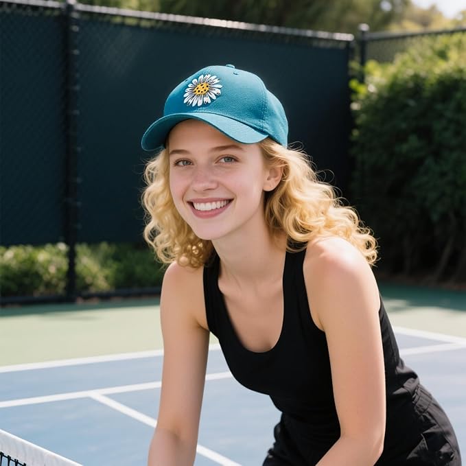 Waldeal Pickleball Hat for Women, Ajustable Embroidered Daisy Washed Denim Baseball Cap