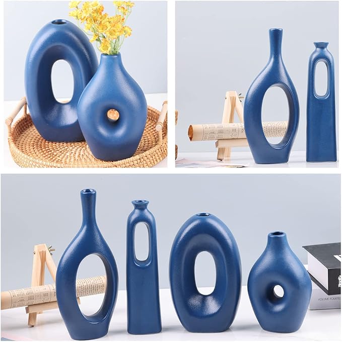 Blue Ceramic Vase Set of 4 - Round Hollow Boho Vases for Pampas Grass and Flowers Decor, Modern Minimalist Small Vases for Living Room, Bedroom, Fireplace, Coffee Table Decor and Centerpieces