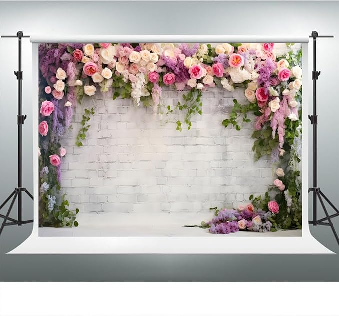 YongFoto Retro White Brick Wall Floral Arch Backdrop 8x6.5ft Rose Flowers Vine Leaves Photography Background Birthday Bridal Shower Wedding Party Banner Room Decor Portraits Photoshoot Wallpaper