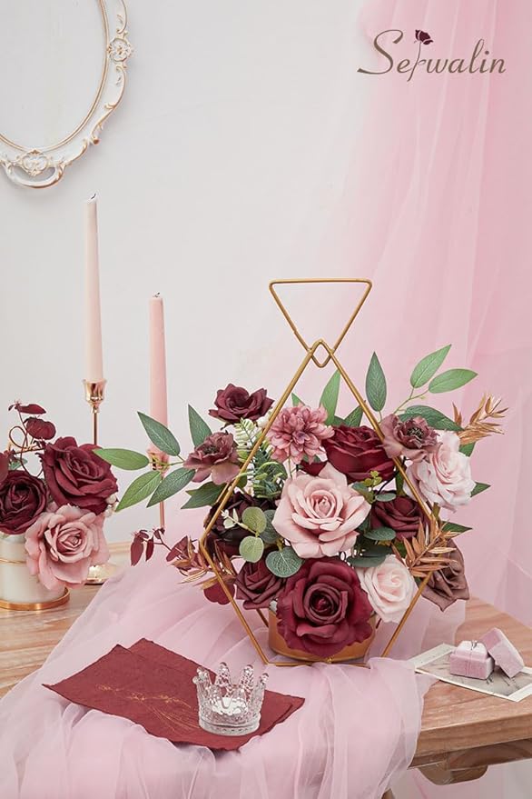 Serwalin Artificial Flowers Wedding Flowers, Fake Burgundy Flowers Pink Bridal Shower Centerpieces Silk Flower, Home Decor DIY