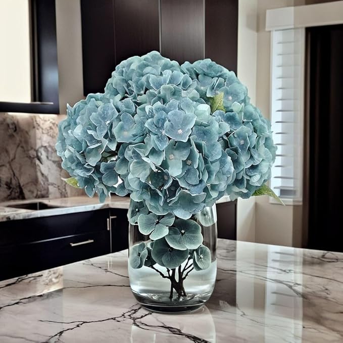 2Bouquets Artificial Fake Flowers Plants Silk Hydrangea Arrangements Wedding Bouquets Decorations Plastic Floral Home Kitchen Garden Party Festival Bar DIY (Blue Haze, 5 Flower Heads)