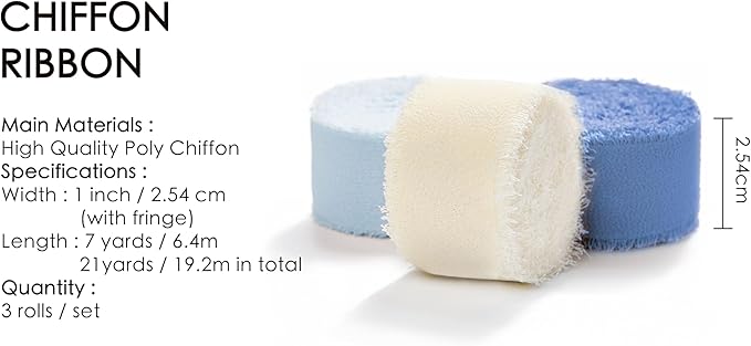 Vitalizart Dusty & Baby Blue Chiffon Silk Ribbon 1" x 21 Yd Fringe Fabric Package (3 Rolls * 7 Yd) for Wedding Invitations Bridal Bouquets Decorations Gifts Wrapping & Bow Making