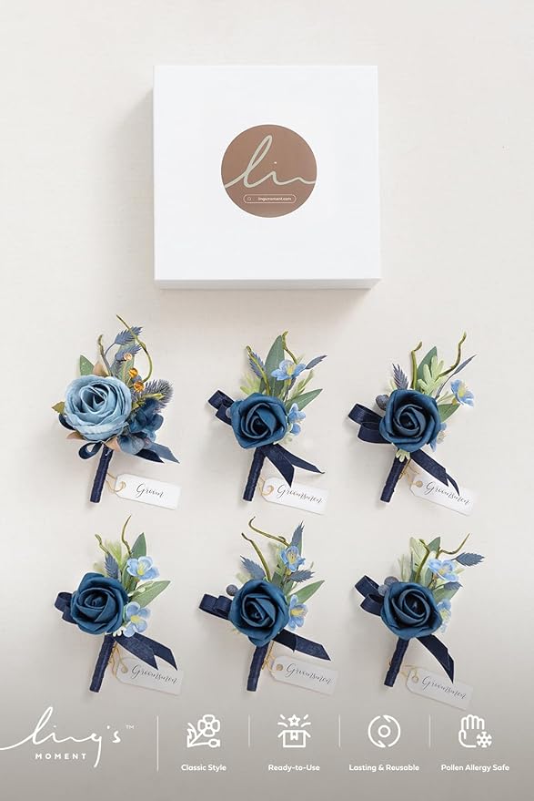 Ling's moment Boutonniere for Men, 6pcs Groom Groomsmen Boutonniere, Artificial Flowers for Wedding Decor/Prom/Homecoming, etc.Blue