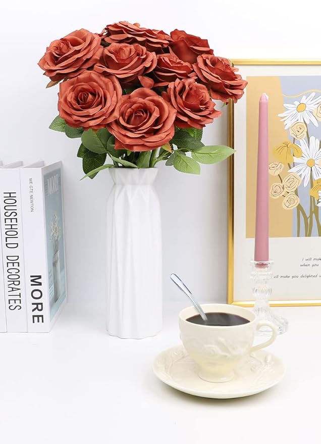 Artificial Rose Flowers Burnt Orange Rose Flowers Silk Flowers 50 pcs with Long Stem Silk Roses Bouquet for Wedding Bridal Shower Party Home Decoration