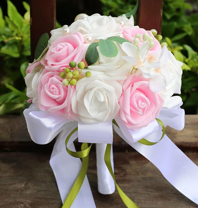 Lightweight Bridal Wedding Bouquet Round Holding Bouquet Throw Toss Artificial Rose Flower Bunch for Bride Bridesmaid Wedding Quinceanera (White & Pink, 6.7")