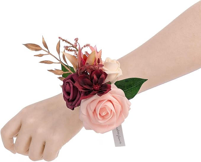 Ling's moment 6pcs Wedding Wrist Corsage Artificial Flowers, Girl/Mother Homecoming Prom Corsages Wristlet Décor, etc. Burgundy Marsala Blush