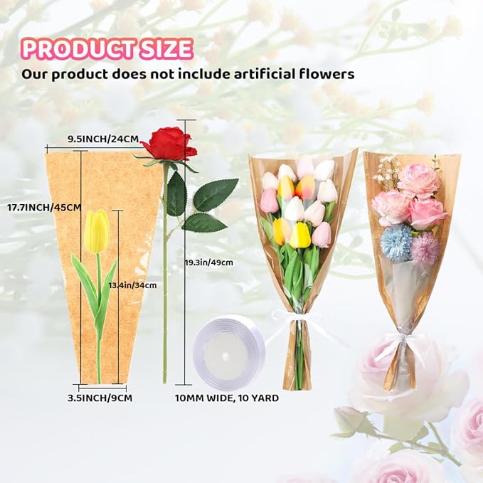 HSONAIGEE 50 Pieces Flower Bouquet Wrapping Paper, 17.7 x 9.5 Inch Small Flower Bags for Bouquets Kraft Floral Wrap Sleeves with Ribbons for Home Mother’s Day Wedding Flower Bar Supplies