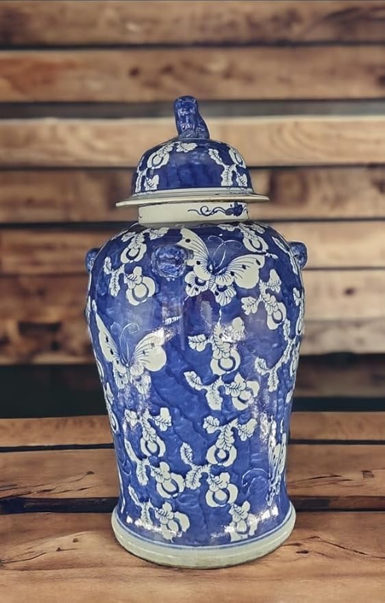 19" Antique Like Finish Blue and White Ginger Jars Porcelain Temple Ceramic Ginger Jar Vase, Blue Butterfly China Ming Style, Jingdezhen(L1)