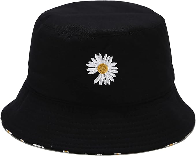 Flower Reversible Bucket Hat Cotton Summer Travel Beach Sun Hats Emboridery for Women Men