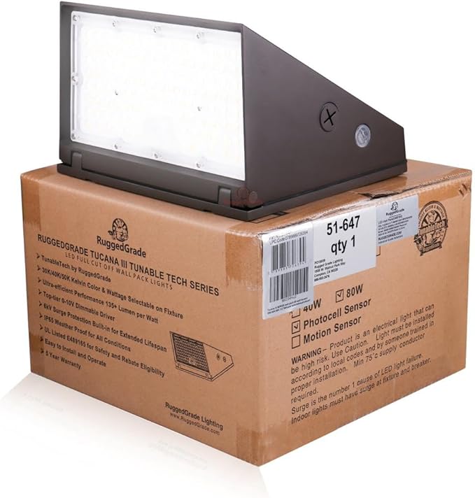 RuggedGrade 80W - Tucana III TunableTech Series - 11,200 Lumens - LED Wall Pack Light with Photocell - Color Selectable 3000K/4000K/5000K - Outdoor LED Light - DLC 5.1 Premium
