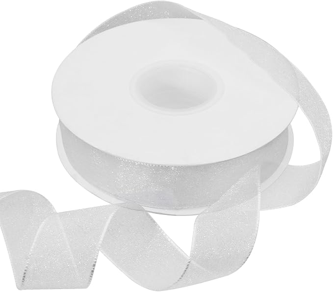 Sheer Organza Ribbon 1 Inch Chiffon Ribbons for Gift Wrapping, Flower Bouquet, 50 Yards/Roll (White)