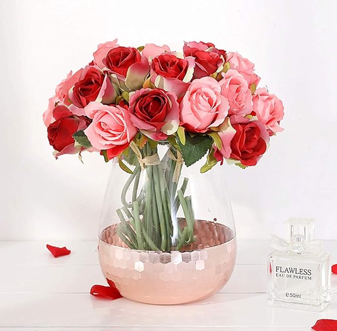 Jasion Artificial Roses Flowers 12 Heads Arrangement Silk Bouquet for Home Office Parties Bridal and Wedding Decoration (Red with Pink)