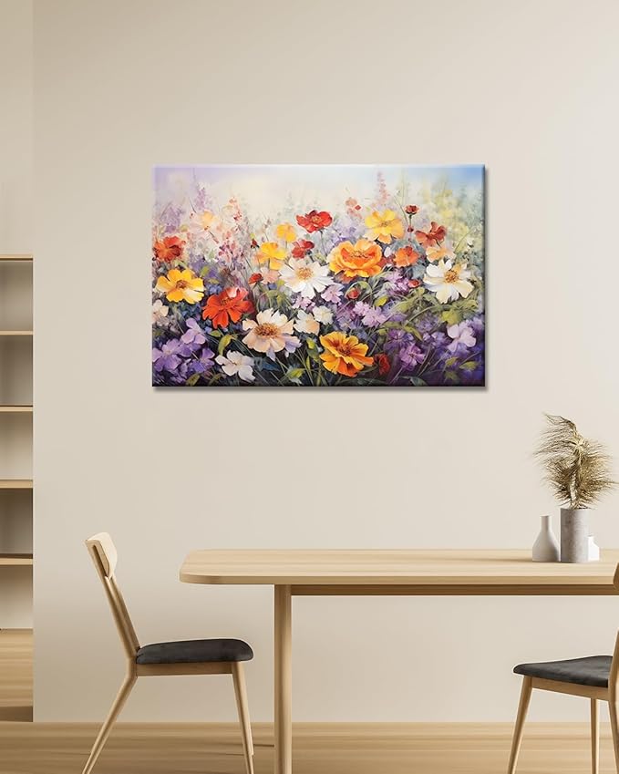 GLOKAKA Flowers Wall Art Colorful Landscape Lush Wildflowers Painting Print on Canvas Purple Yellow Floral Daisy Flower Picture for Home Bedroom Office Decor (Lush Flowers, 30"x20")