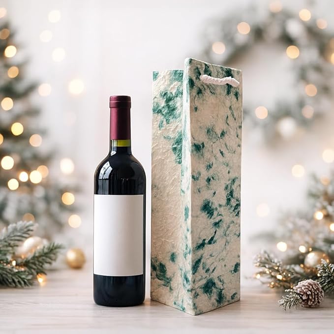 Paperry 14" Wine Gift Bag, Handmade Mulberry Paper, Multiple Design, Kozo Paper Bag, Reusable, Eco-Friendly, Single Pack (Green)