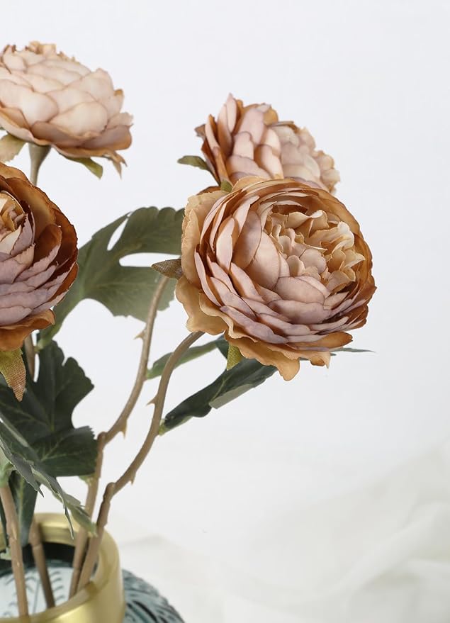 IPOPU 10pcs Coffee Peonies Artificial Flowers Real Touch Silk Peonies with Stems Real Look Fake Peony for Home Wedding Hotel Office Party Centerpiece Decorations