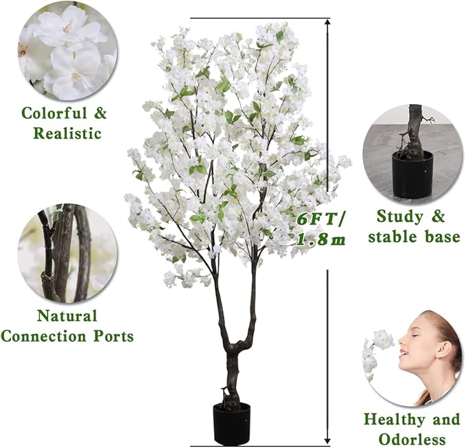 Artificial Cherry Blossom Tree Faux White Flower Tree,6 FT Fake Cherry Blossom Tree Indoor Outdoor for Home Decor