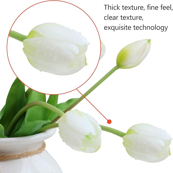 Artificial Flowers 10pcs Fake Tulips Real Touch, Faux Latex Tulips Flowers with Gift Box Soft Faux Tulips Bouquets Arrangements for Party Wedding Home Room Decoration(White)
