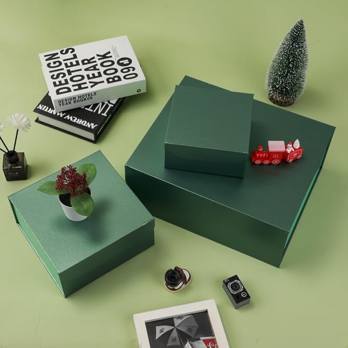 6 Pcs Green Gift Box Large 13x11x5.3 Inch Green Large Gift Box with Crinkle Paper Magnetic Box with Shredded Paper Luxury Gift Boxes with Lids for Presents