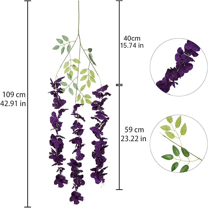 3.6ft 12PCS Artificial Wisteria Hanging Flowers Faux Wisteria Flower Vines Garland Silk Flowers Garland Fake Hanging Flowers String for Wedding, Garden, Wall Decoration (Dark Purple)