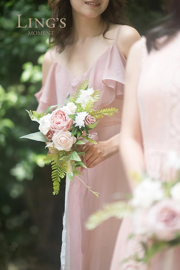 Ling's moment Artificial Flowers Pink Bridesmaid Bouquet Set of 6, Dusty Rose Wedding Flowers Bouquets for Bridesmaids, 7 Inch Bridal Bouquets for Bridesmaids, Wedding, Ceremony, Anniversary, etc