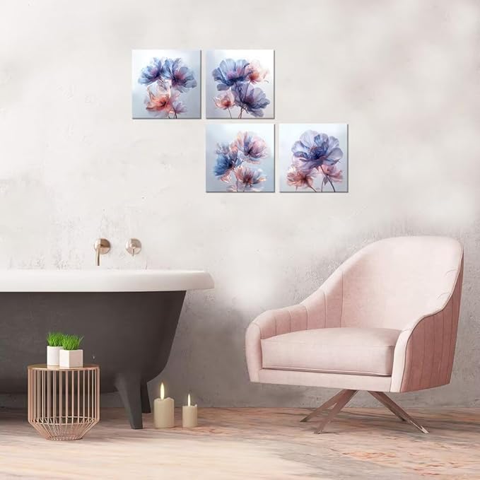 Pankila Canvas Flowers Wall Art Blooming Flowers Pictures Prints Blue Pink Flower Wall Decor for Living Room Bedroom Bathroom Home Decorations Painting Framed Artwork (16''W x 16''H x 4)