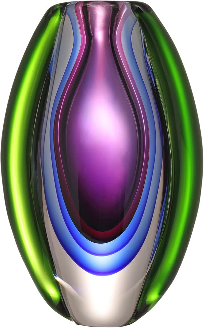 Luxury Lane Hand Blown Sommerso Oval Art Glass Vase for Decor Centerpiece Table Decoration Purple 8.5 inch Tall