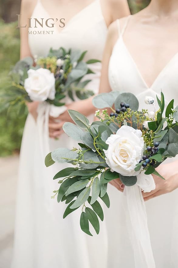 Ling's Moment Artificial Flowers White Bridesmaid Bouquet Set of 6, White and Sage Wedding Flowers Bouquets for Bridesmaids, 7 Inch Bridal Bouquets for Bridesmaids, Wedding, Ceremony, Anniversary, etc