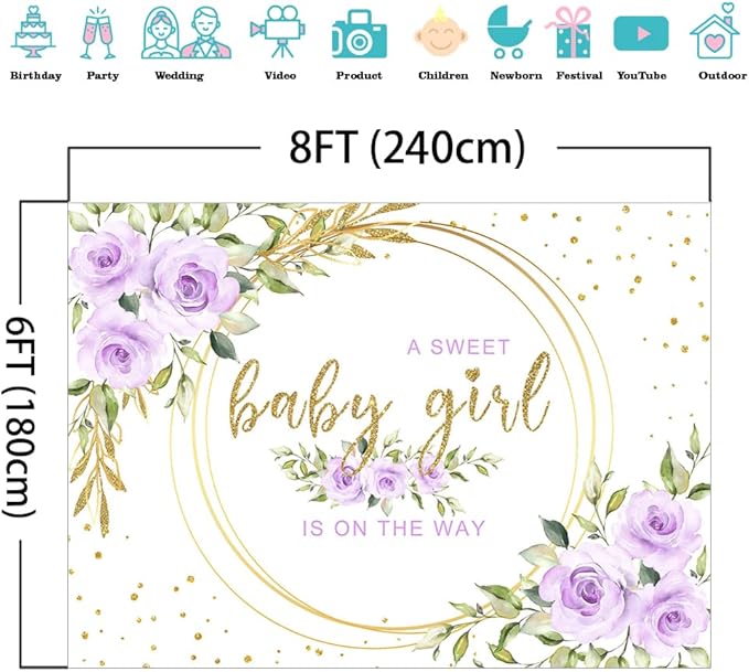 Mocsicka Floral Sweet Baby Girl Backdrop It's a Girl Baby Shower Background Watercolor Lavender Purple Floral Baby Shower Party Cake Table Decoration Photo Booth Props (8x6ft)
