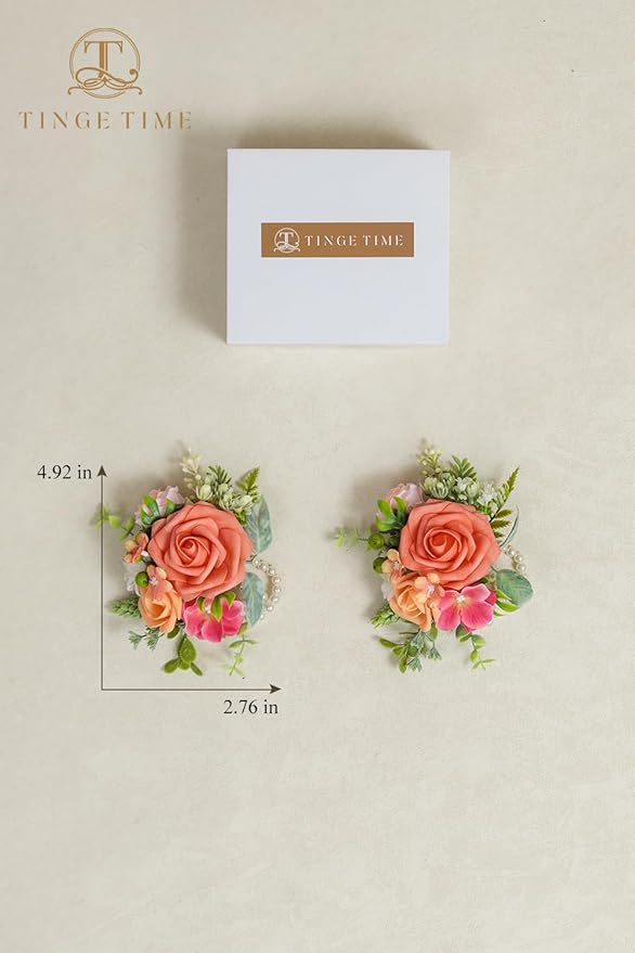 TINGE TIME Set of 2 Wrist Corsage Bracelets Pearl Wristlet Band Bridesmaid Bracelet for Wedding Ceremony Bridal Shower Wedding Artificial Flower Prom (Tropical)