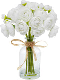 Ranunculus Artificial Flowers with Vase, 8 Pcs Faux Silk Ranunculus Flower in Vase, Small Flower Arrangements for Home Decor Indoor, Table Centerpiece. (White)