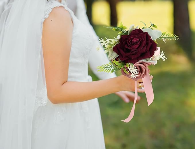 Burgundy Roses 16pcs Artificial Velvet Roses Maroon Flowers 4.3" Burgundy Fake Flowers Dark Red Roses for Wedding Bouquet Flowers for Floral Centerpieces Home Party Decor (Burgundy)