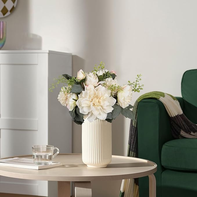 2 Bouquets White Artificial Peonies Combo Faux Dahlia Flowers 18stems Faux Flowers for Vase White Fake Flowers for Home Decoration Wedding Decoration Bride Bouquet (White)