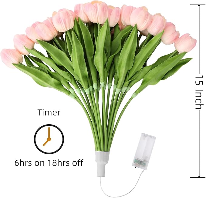 LED Lighted Artificial Tulip Lamp, Real Touch Tulip Flowers, 15 Inch Faux Tulip Bouquet with Battery Operated Lights for Gifts, Home Kitchedn Wedding Decor (Pink)