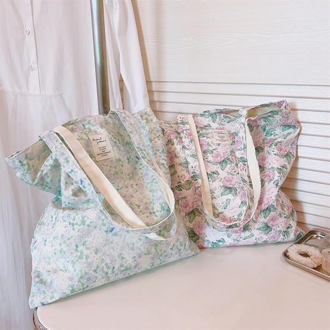 Cotton Canvas Tote Bag Reusable Soft Grocery Cloth Bag Floral Shoulder Bag for Beach Travel Shopping